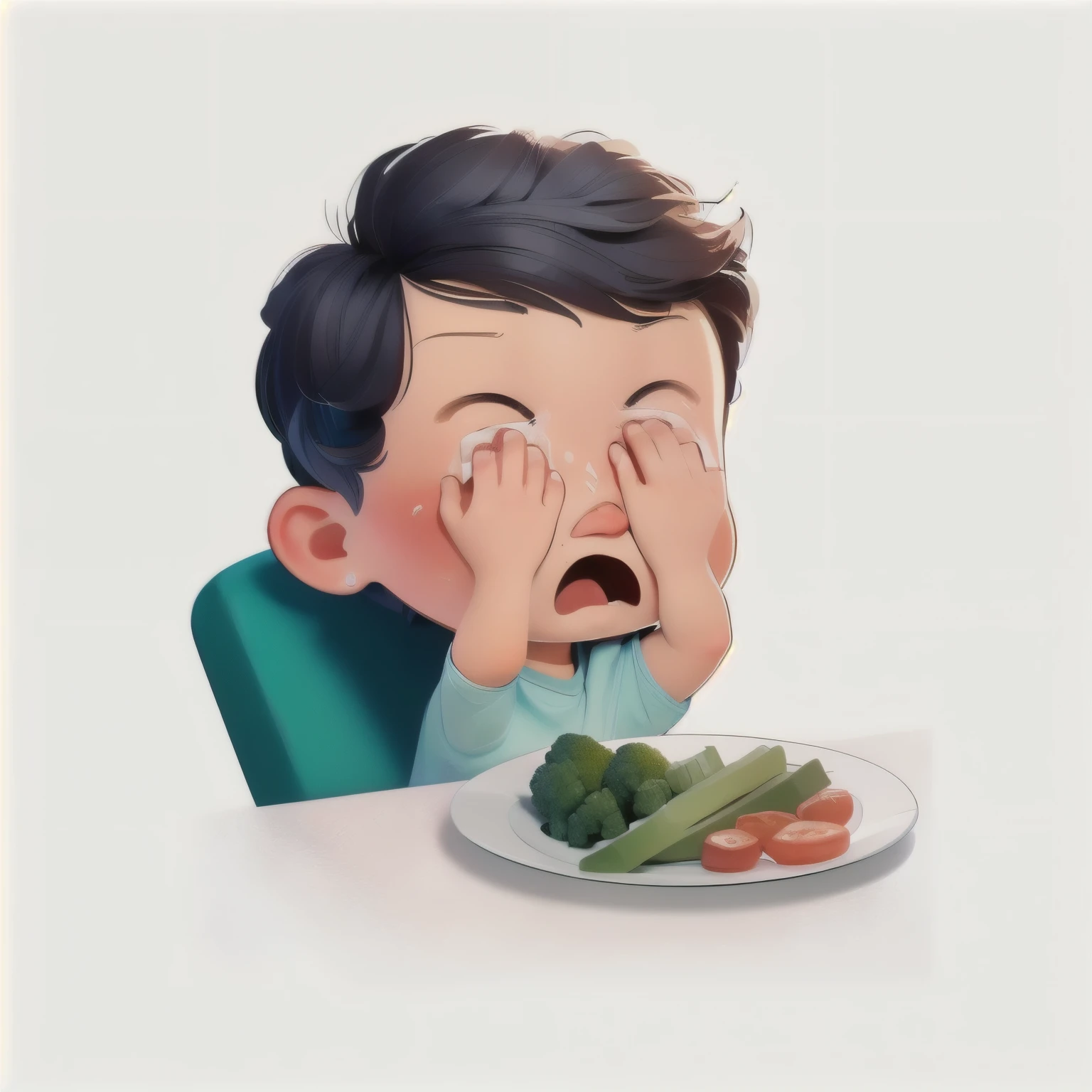 cartoon girl sitting at a table with a plate of sliced vegetables, feeling of disgust, 2d illustration, crying and puking, children book illustration, kids book illustration, cartoon style illustration, very sad emotion, hd illustration, cute illustration, tired expression