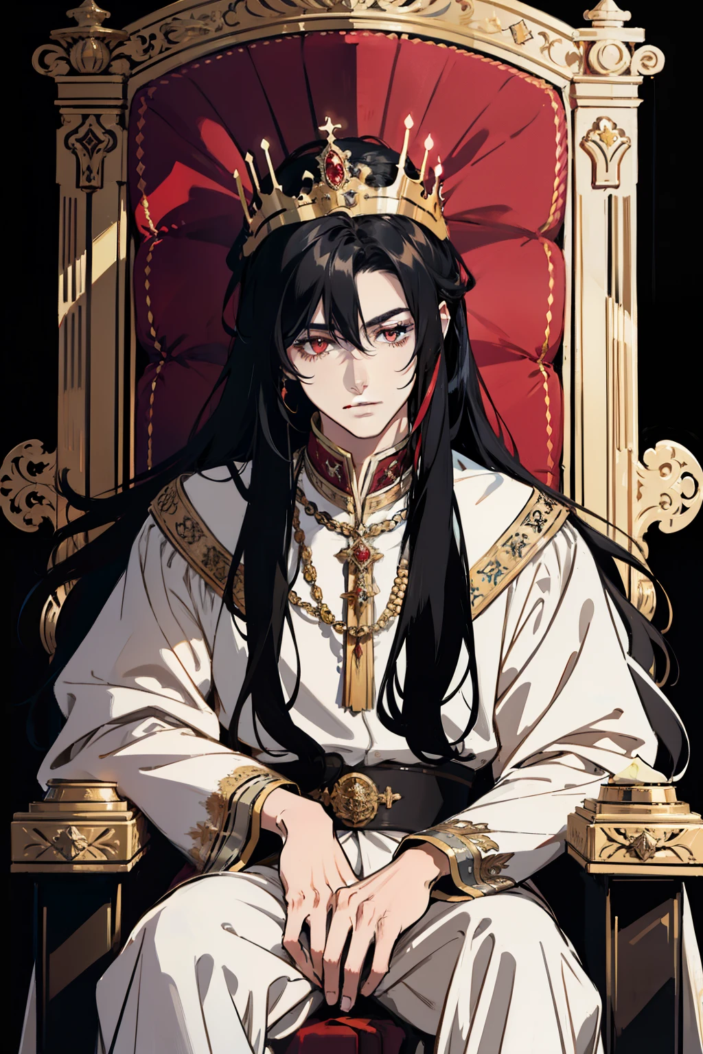 1 male, solo, masterpiece, best quality, (grin, looking back:0.5), (black hair, hair parted, long hair, fluffy hair:1.0), crimson eyes, royalty, golden headpiece, throne room, Middle Ages, fantasy, confident, regal