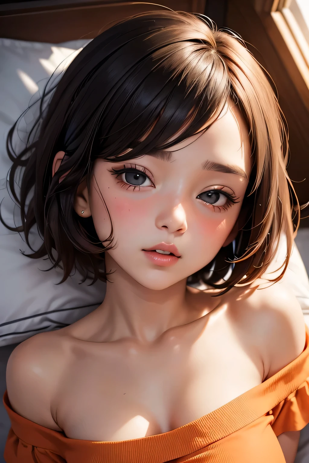 Amazing portrait of a ???? and cute girl with a short bob hairstyle and a seductive gaze who is blushing intensely with parted lips and is desperate and flustered and ??????? wearing an off shoulder orange t shirt showcasing her ???? shoulder while lying on bed