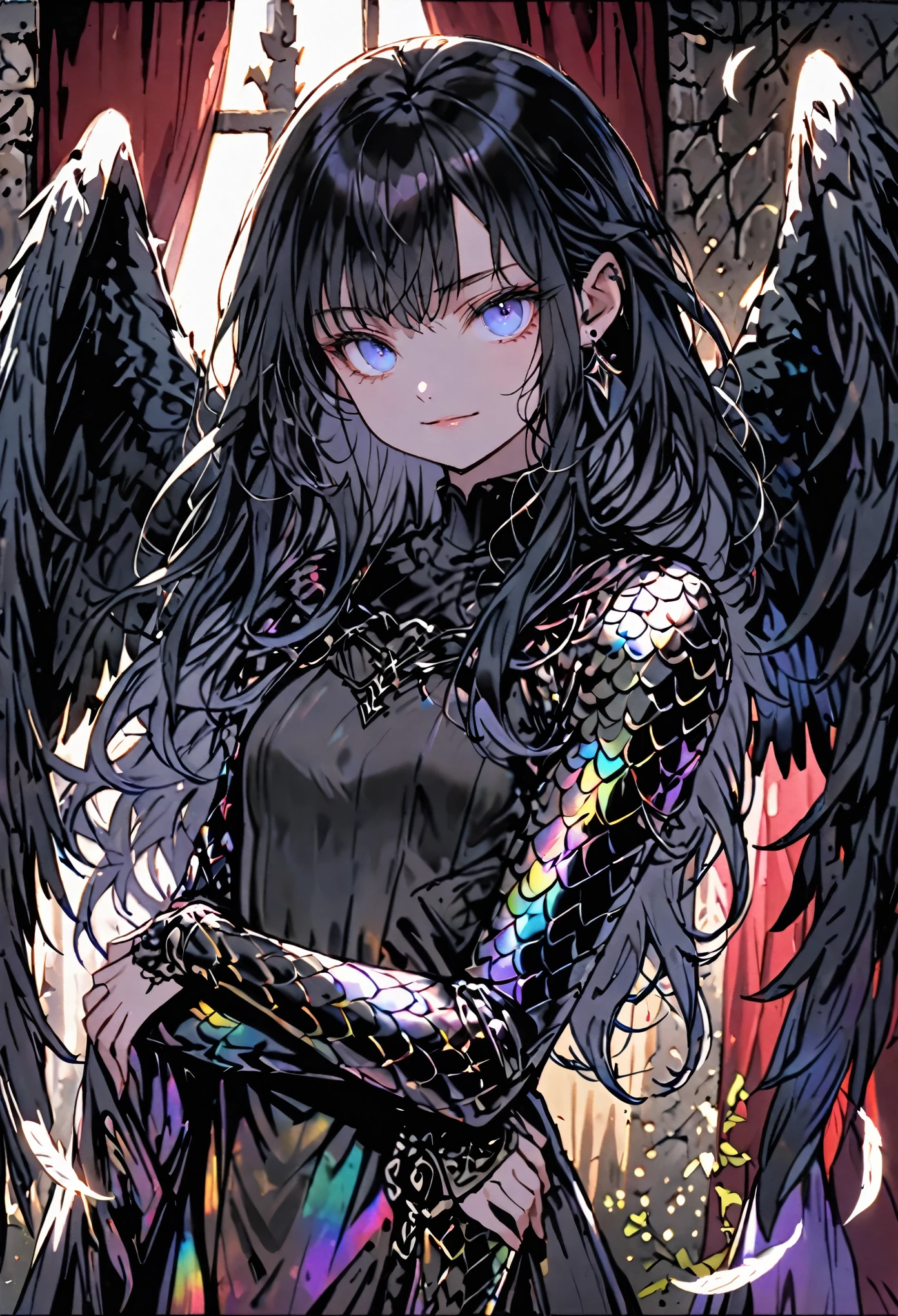 solo, female, sfw, medium shot, long hair, black hair, flowing hair, wavy hair, piercing blue eyes, talon hands, scales on forearms, harpy, black scales, lithe, black feathers, large wings, iridescent feathers, athletic, coy smile, small breasts, warm, curtains, medieval, short girl, light leather armor, medium breasts