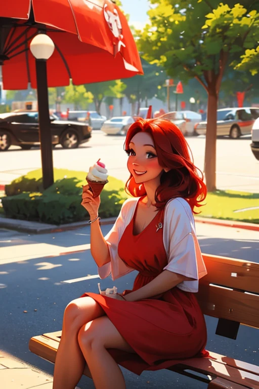 a red haired woman with red eyes and an hourglass figure in a cute summer dress is eating ice cream at the park with a big smile