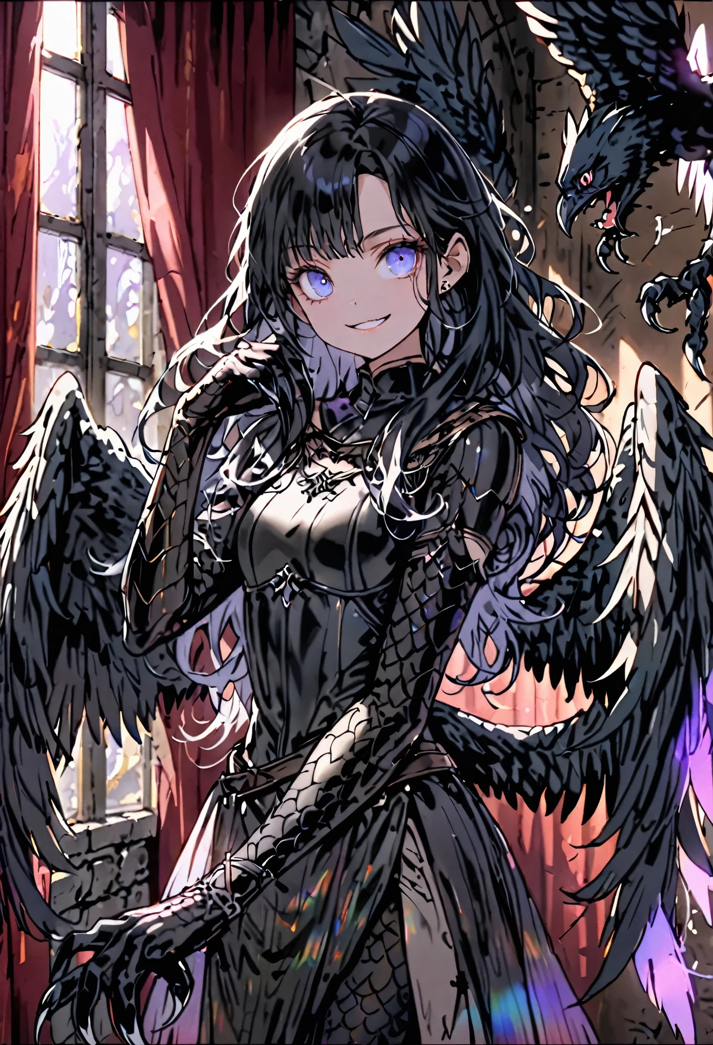 solo, female, sfw, medium shot, long hair, black hair, flowing hair, curly hair, piercing blue eyes, claw hands, claws:1.3, sharp claws, black scales on forearms, harpy, lithe, black feathers, large wings, iridescent feathers, athletic, wide smile, small breasts, warm, curtains, medieval, short girl, light leather armor, medium breasts, paw pose