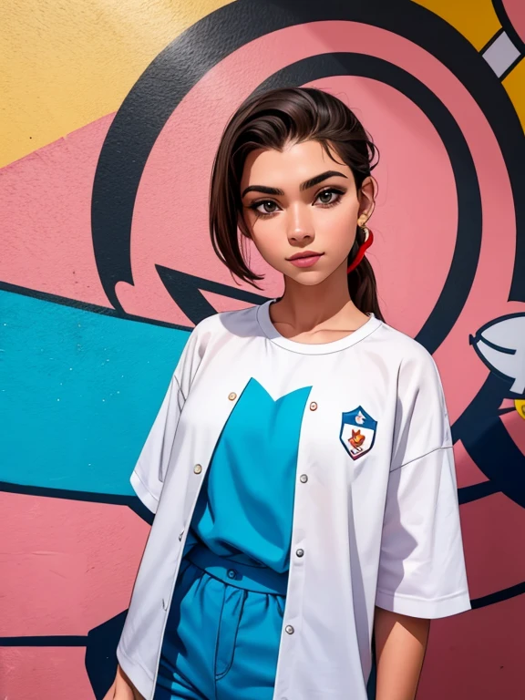 Bela, uma jovem com roupas descoladas, pinta um mural vibrante.
