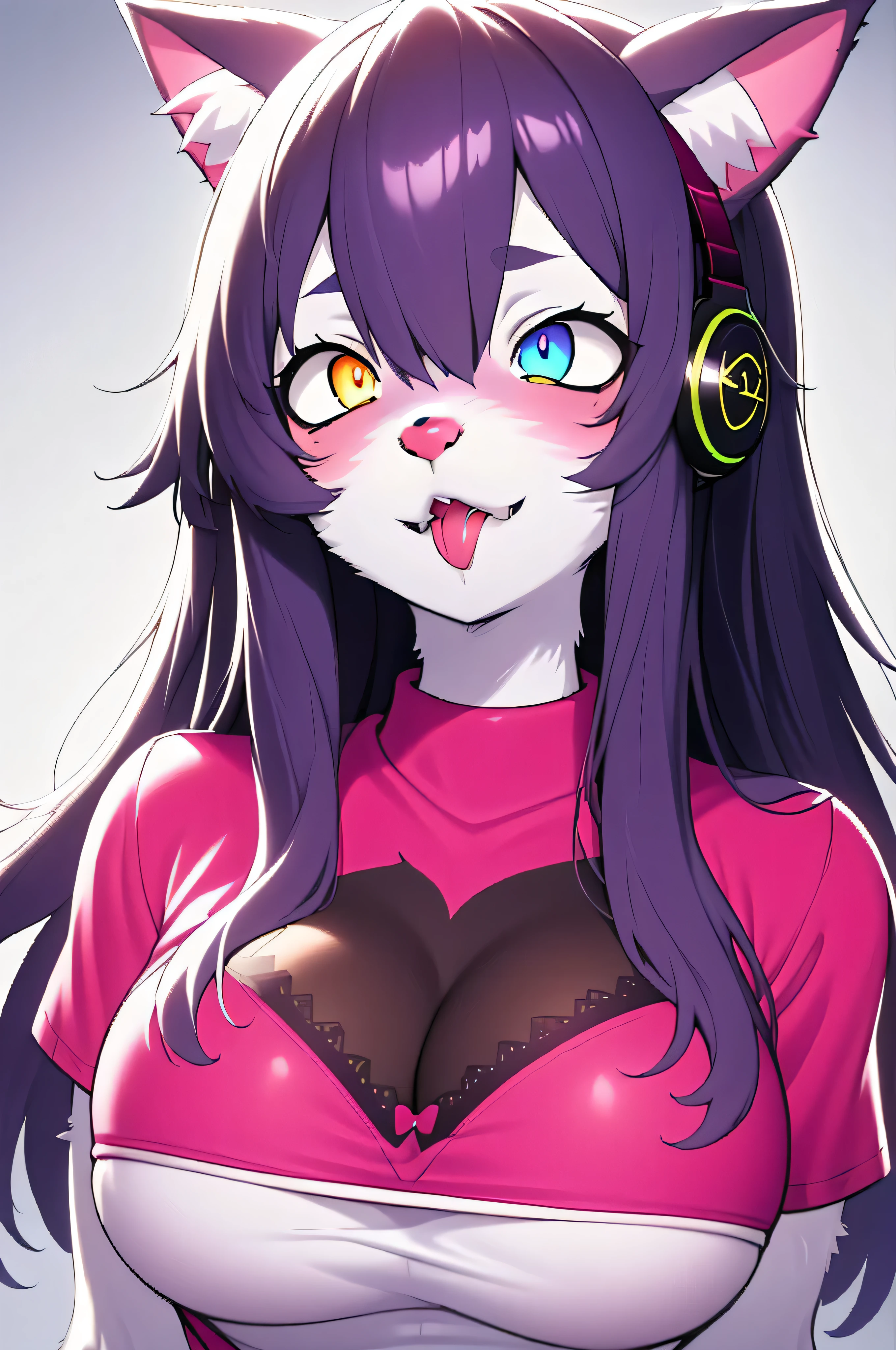 Masterpiece, 1girl, multi color eyes, glowing eyes, purple hair, red lips, upper body, bangs, high ponytail, bangs to the side, long curly, messy hair, busty, pink Tshirt, big breast, huge breasts, ahegao, pink shirt, underboob, ahegao face, cross eyed, drool, red headphones, furry, animal ears, furry skin, fur, animal, cat woman, furry woman, no whiskers, (illustration), (anime), detailed, ((intricate details)), hdr, ((intricate details, hyperdetailed)) headshot, head in frame, full frame, perfect centering, head in photo, shot from top, looking up, portrait, perfect headshot, perfect shot, vibrant colors