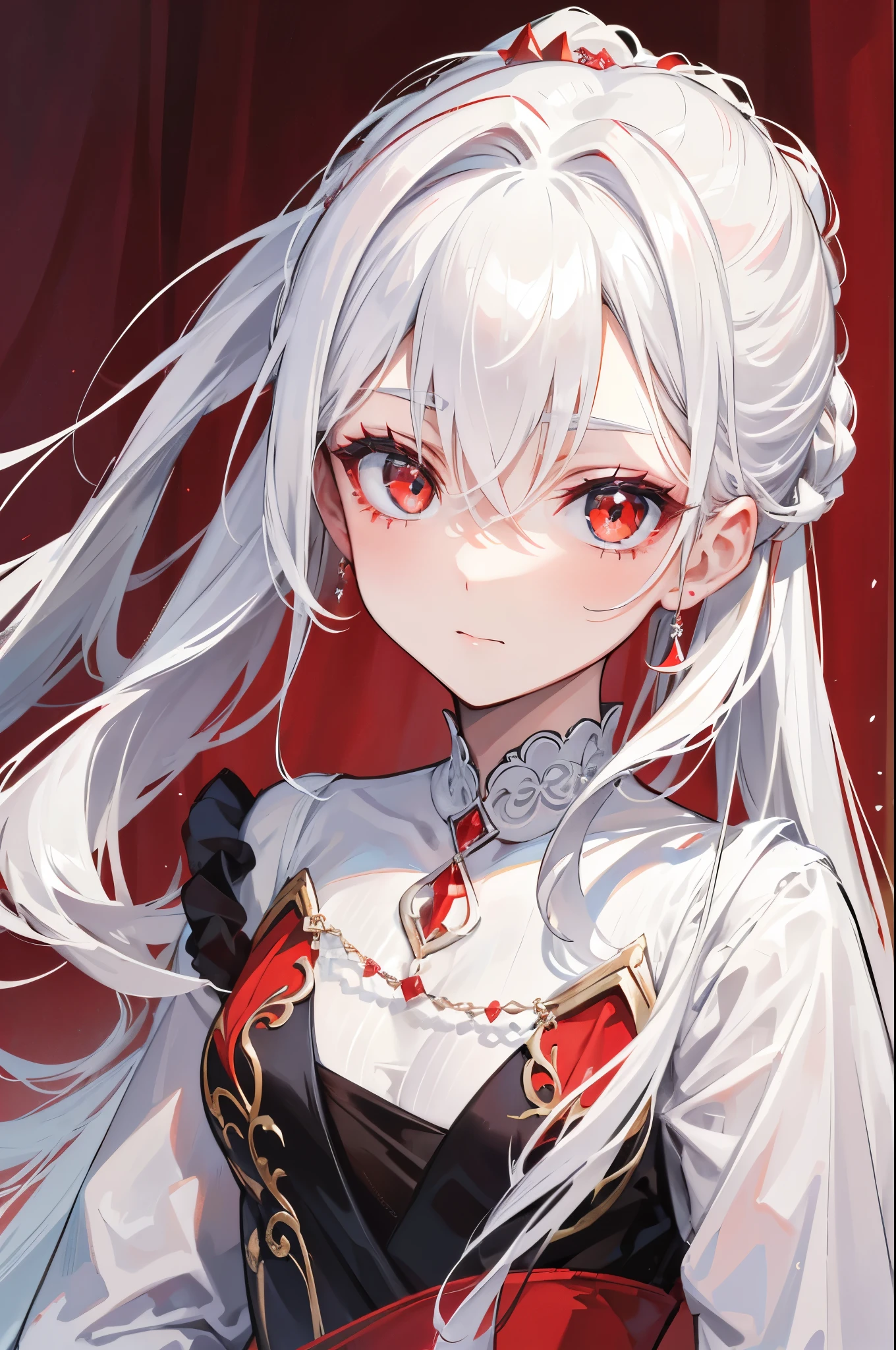 Baixa, com cabelos brancos longos e lisos, always tied in a flawless ponytail. His eyes are a bright crimson red, and his face is angular and pale. Ela se veste de forma simples e elegante, preferring white colors and classic cuts, bochechas levemente rosadas