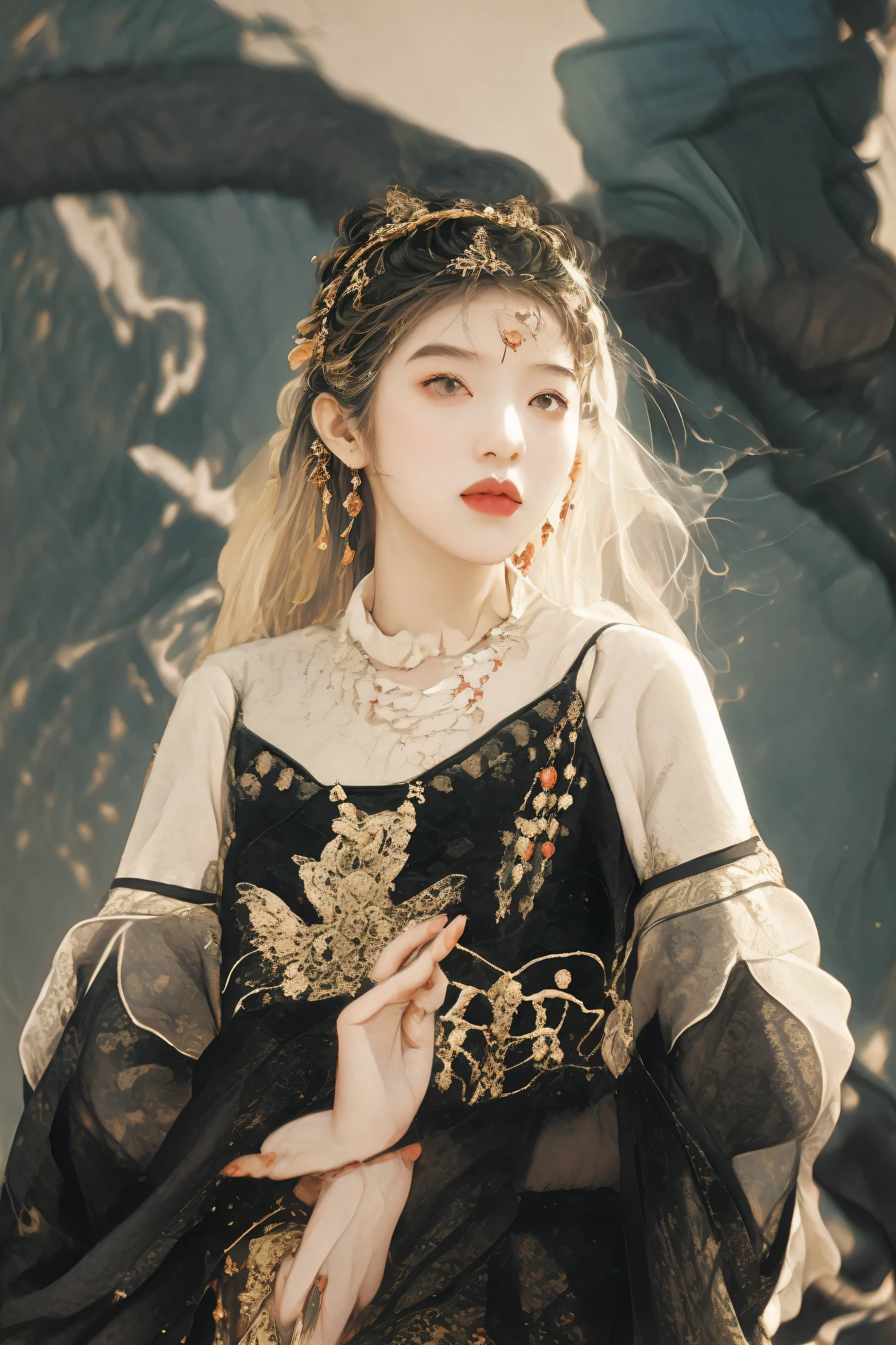 araffe woman in a black dress with a peacock headpiece, a beautiful fantasy empress, portrait of jossi of blackpink, roseanne park of blackpink, wearing an ornate outfit, beautiful maiden, real photoshoot queen of oceans, lalisa manoban of blackpink, ethereal fantasy, queen of the sea mu yanling, a stunning young ethereal figure