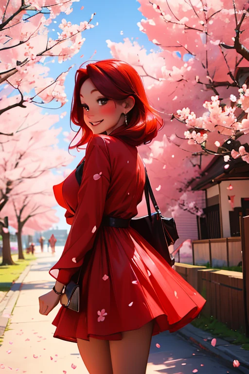 a red haired woman with red eyes and an hourglass figure in a cute summer dress is  blushing and smiling underneath a cherry blossom