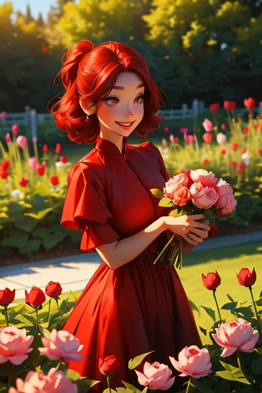 a red haired woman with red eyes and an hourglass figure in a cute summer dress is holding a peony with a big smile in the garden