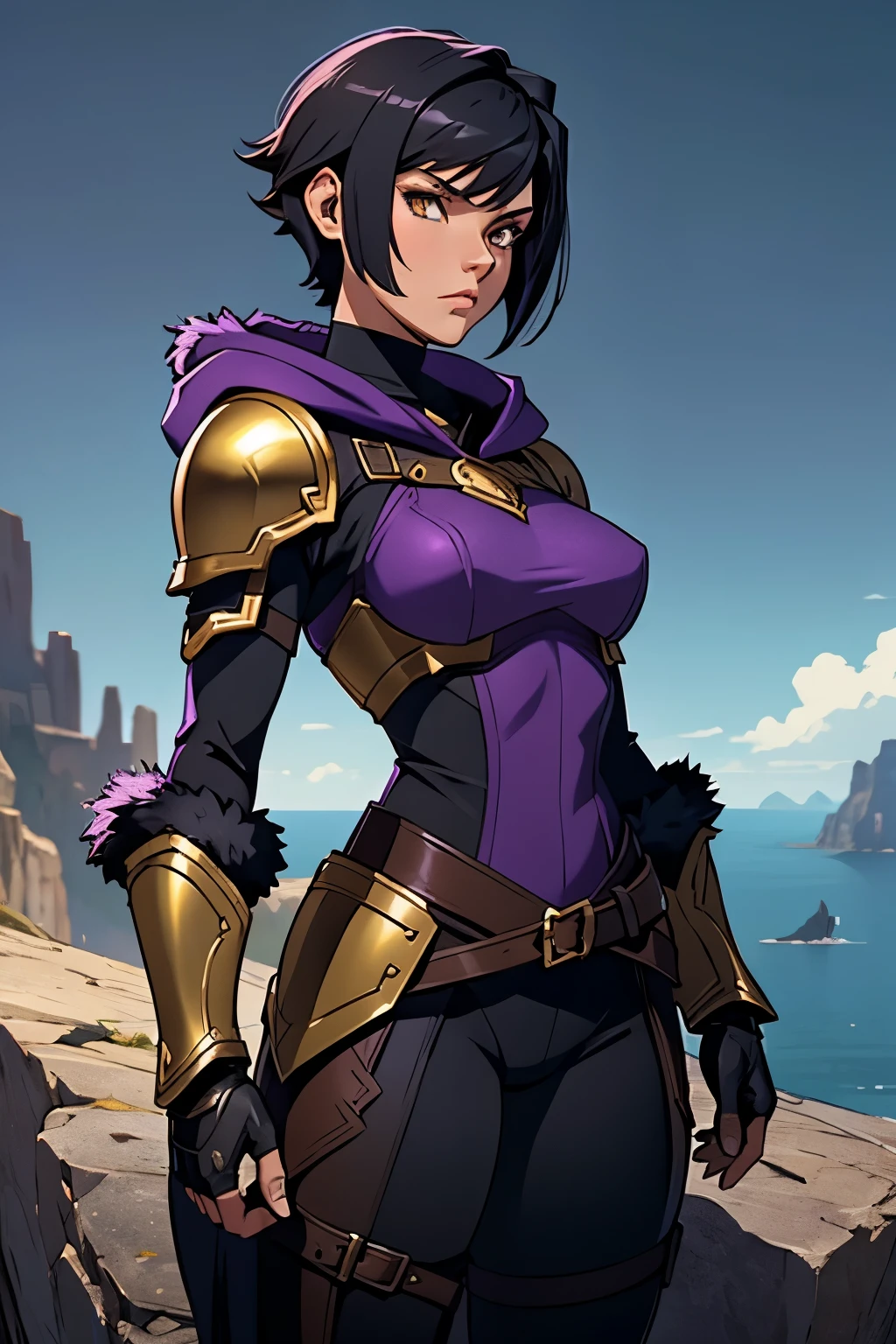 1 woman, golden eyes, short pixie hair, black hair. Leather armor, purple hood, fur trim. Show her standing on a cliff
