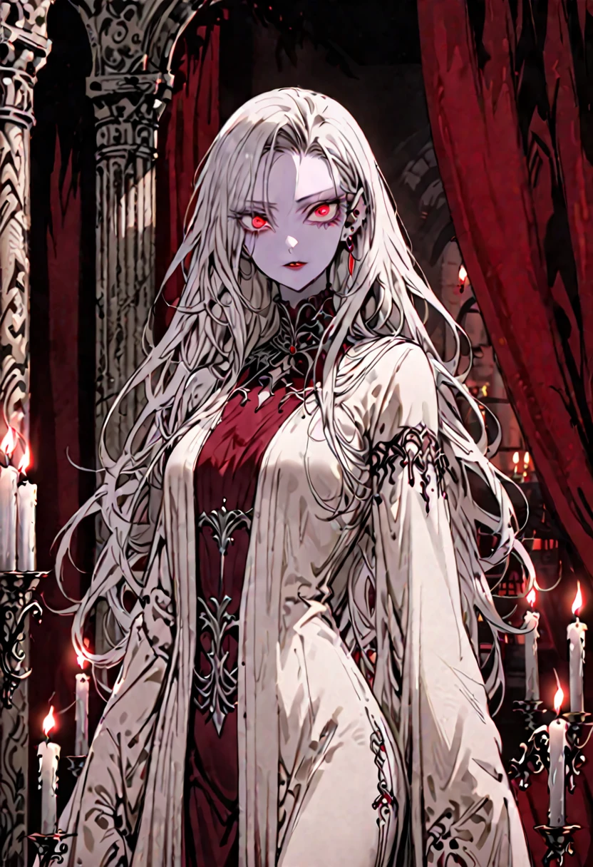 solo, female, sfw, medium shot, ancient vampire, parchment colored skin, thin skin, deep crimson eyes, sharp eyes, piercing eyes, long hair, silvery hair, slender, strong, elegant, elegant clothes, ancient clothes, curtains, wamr, candles, vampire