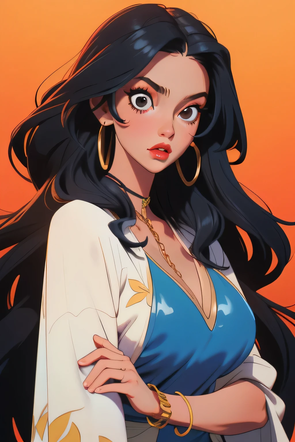 (best quality)), ((masterpiece)), (detailed), big forehead ,Black hair ,long hair ,Italian 50 year old woman ,big bimbo lips , thick gold chain and bracelets ,latex full neck t shirt ,long eye lashes ,long nose ,long black eyes , wearing oversized a v neck summer lady silk kaftan