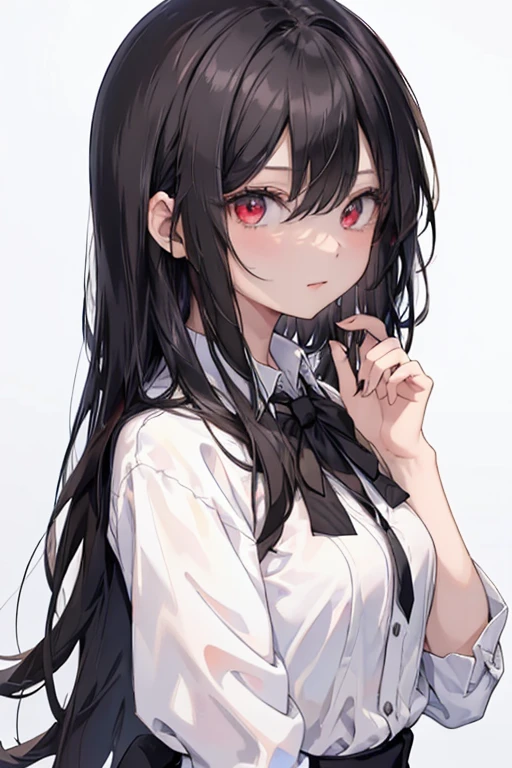 best quality, masterpiece, detailed, 1 girl, solo, slim, black, long straight hair, red eyes, looking at viewer, office lady, white shirts, protrait, simple background