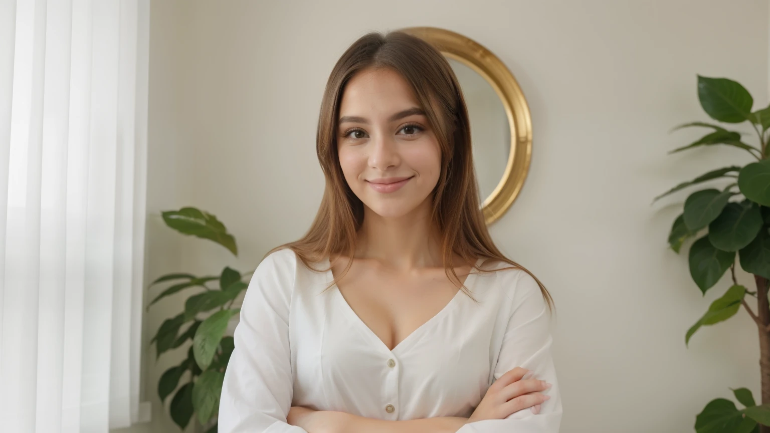 smiling girl , in a bright room, obturador, olhando para o telefone dele, parece inteligente, fotografia, foto, smart appearance, imagem de estoque, arte em alta, garota bonito, garota atraente, Cool appearance, full body, crossed arms, parecendo inteligente, foto, vestido casualmente, retrato de alta qualidade, instagram post, cintilante, good looking, a foto, foto de retrato