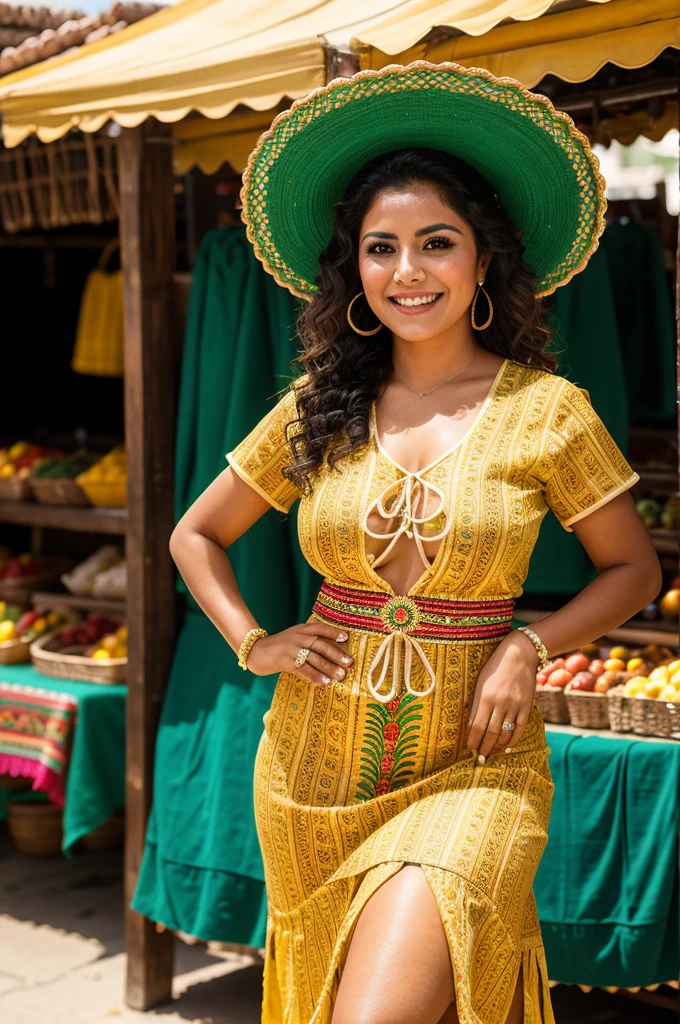Mexican woman, 30 years old, cabello ondulado, piel morena, ojos oscuros, smile, ropa de negocio mexicana, vestido de charro, realista, con fondo en un marketplace vibrante, 8k super realista, detallada y realista. (A 30-year-old Mexican woman, wavy hair, tanned skin, dark eyes, smiling, wearing traditional Mexican business attire, vibrant marketplace background, high-quality and realistic.)
