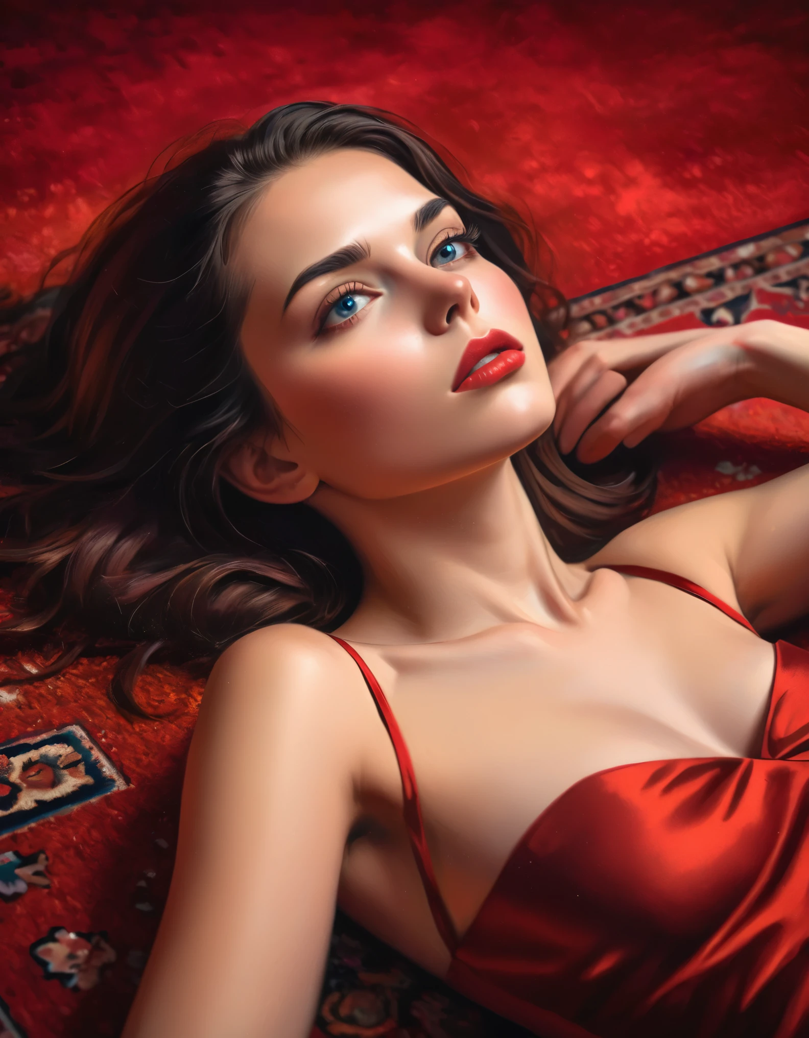 ultra-detailed, realistic portrait of a woman lying on the carpet, vibrant red background, elegant pose, expressive eyes, sensual lips, silky smooth skin, flowing dark hair, graceful posture, stunning beauty, tranquil atmosphere, professional photography, sharp focus, HDR, fine art, exquisite lighting, bokeh, vivid colors, rich textures, high-res masterpiece:1.2, contrasting light and shadow, modern and sophisticated, alluring and mysterious, artistic composition, captivating ambiance, evoking passion and desire.