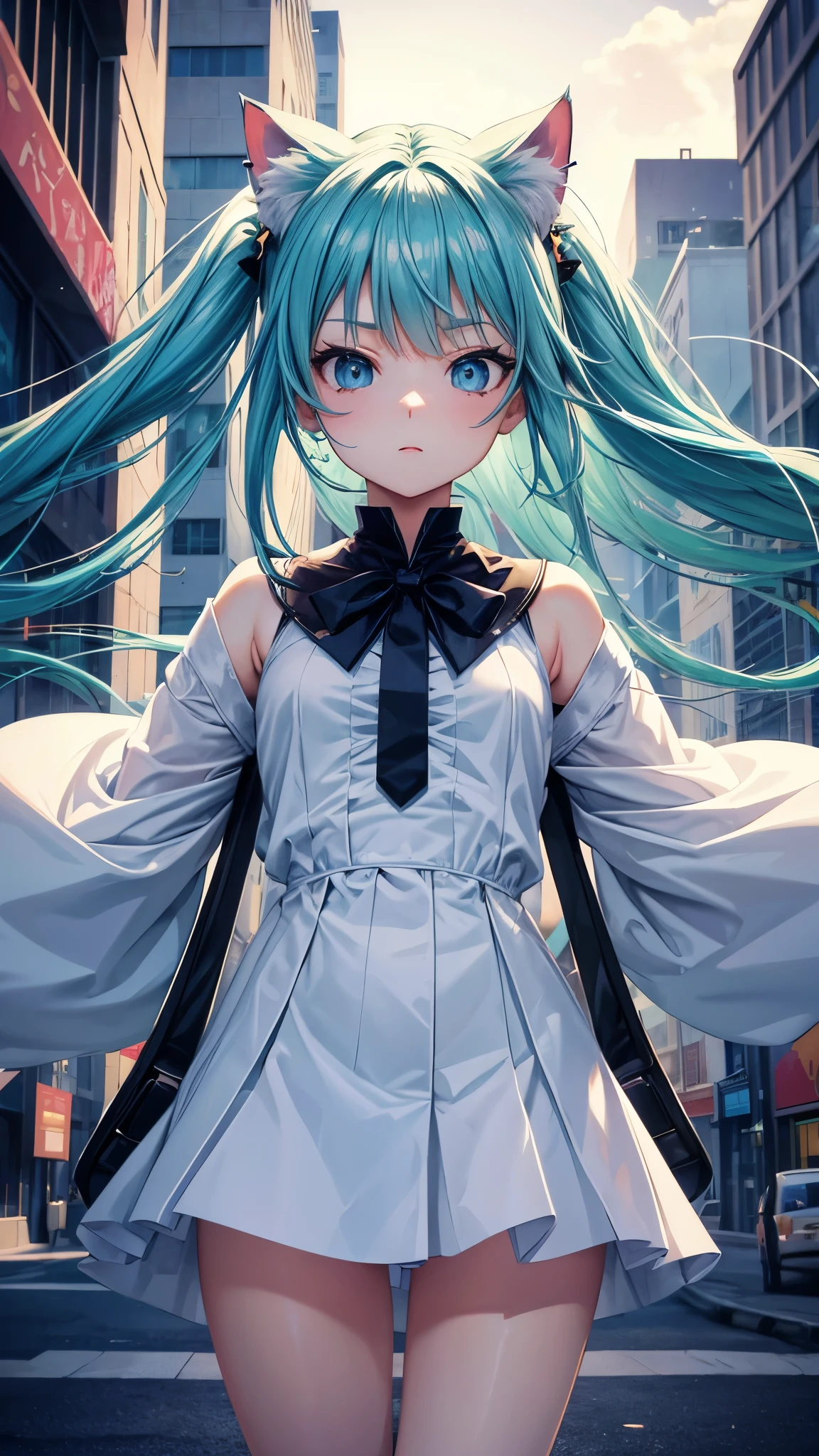flat vector art, anime girl, beautiful anime style girl, wallpaper, close perspective large scene, large anime eyes, detailed face, flat color, girl play with a white cat, modern city street, wide angle, clean detailed faces, intricate clothing, analogous colors, glowing shadows, beautiful gradient, depth of field, clean image, high quality, high detail, high definition, Luminous Studio graphics engine, cute face, slim waist, nice hips.