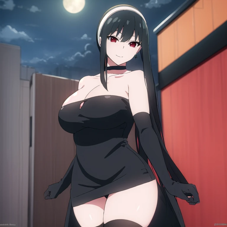 yorbriar, yor briar, black hair, (red eyes:1.5), earrings, white hairband, hairband, long hair, sidelocks, smile,
BREAK thighhighs, gloves, dress, cleavage, jewelry, earrings, black gloves, black thighhighs, fingerless gloves, (black dress:1.5), choker, bare shoulders, collarbone,
BREAK outdoors, night, city, sky, moon, clouds, star \(sky\),
BREAK looking at viewer, (cowboy shot:1.5),
BREAK (masterpiece:1.2), best quality, high resolution, unity 8k wallpaper, (illustration:0.8), (beautiful detailed eyes:1.6), extremely detailed face, perfect lighting, extremely detailed CG, (perfect hands, perfect anatomy),