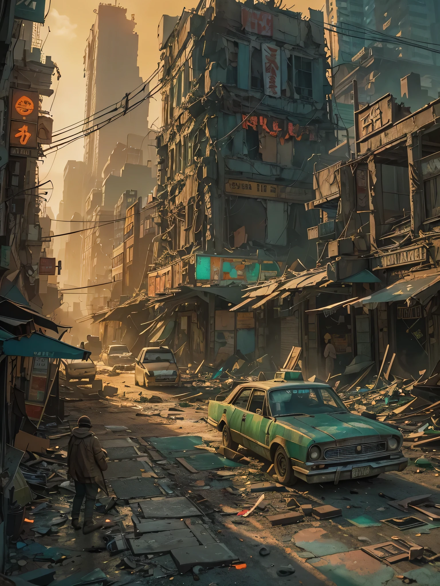 Welcome to the heart of the wasteland, where the neon glow of a post-apocalyptic city pierces the darkness like a beacon of hope amidst the ruins. Picture a sprawling metropolis, its towering skyscrapers now nothing more than skeletal remnants of a bygone era, bathed in the eerie light of flickering neon signs and fading streetlamps.
As the sun sets over the desolate landscape, the city comes alive with a vibrant energy all its own. Neon lights illuminate the streets in hues of sickly green, radioactive blue, and blood-red, casting long shadows that dance across cracked pavement and crumbling facades. The air is thick with the scent of decay and despair, yet amidst the chaos, there is a palpable sense of life and possibility.
In the heart of the city, a bustling marketplace springs to life, its stalls adorned with salvaged goods and trinkets from a lost world. Merchants peddle their wares beneath the glow of makeshift lanterns, their voices echoing off the walls of crumbling buildings as they haggle and bargain with weary travelers.
At the edge of town, the ruins of an old theater stand as a testament to a forgotten era of entertainment and culture. Faded marquees advertise long-forgotten shows, their letters now barely legible against the backdrop of decay. Yet, despite the passage of time, there is a haunting beauty to be found in the crumbling grandeur of the old theater, a reminder of the resilience of the human spirit in the face of adversity.
As night falls on the wasteland, the city remains a beacon of hope in a world consumed by darkness. Amidst the ruins and rubble, there is still life to be found, and for those brave enough to venture into the night, the promise of adventure and discovery awaits.