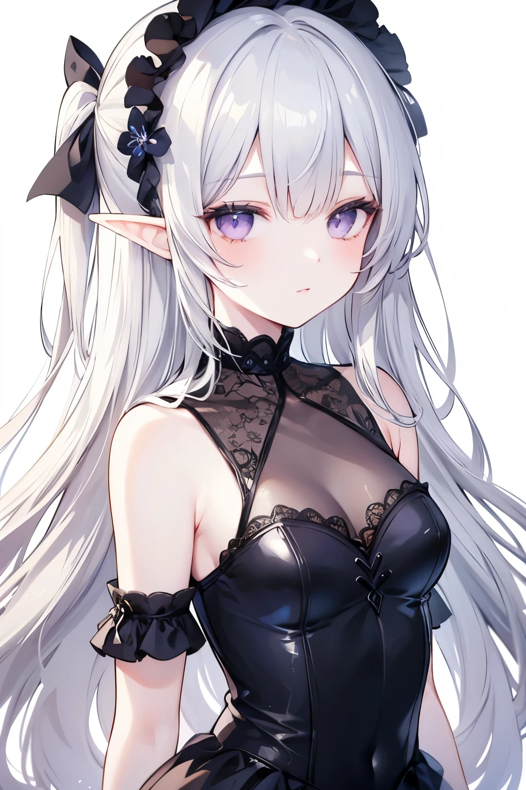 ((best quality)), ((masterpiece)), (detailed), perfect face, girl, arrogant, silver hair, long hair, purple eyes, ta dress, elf ears