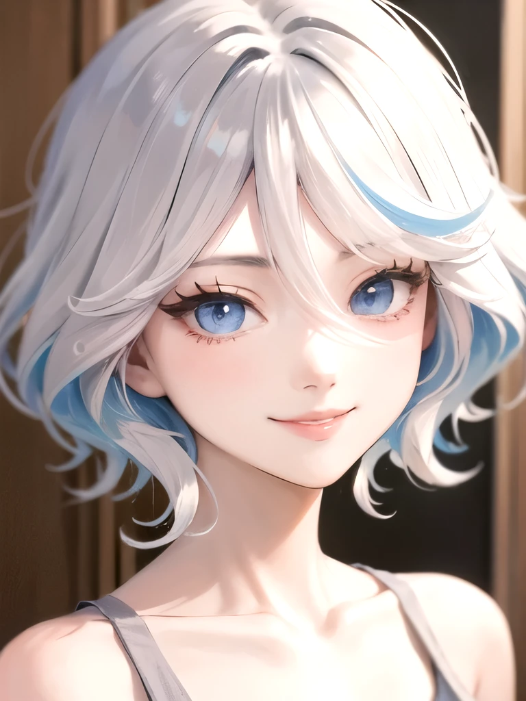 ((best quality)), ((masterpiece)), (detailed), perfect face. Asian girl. Smile. White hair. Tanktop. Flat chest. Short pants.