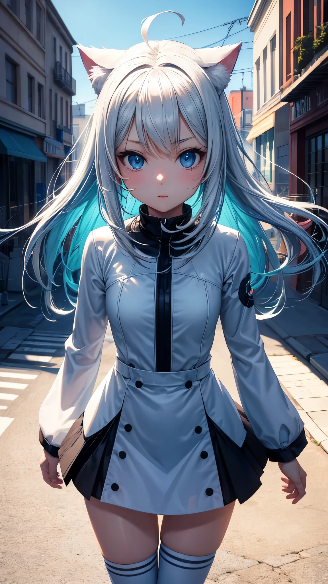 flat vector art, anime girl, beautiful anime style girl, wallpaper, close perspective large scene, large anime eyes, detailed face, flat color, girl play with a white cat, modern city street, wide angle, clean detailed faces, intricate clothing, analogous colors, glowing shadows, beautiful gradient, depth of field, clean image, high quality, high detail, high definition, Luminous Studio graphics engine, cute face, slim waist, nice hips.