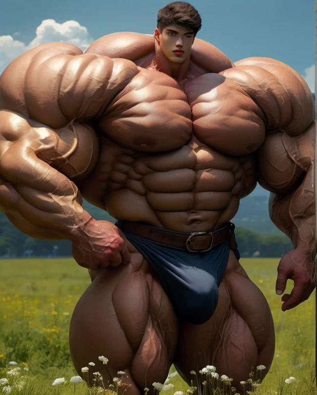 1 asian man, handsome, giant, buzz haircut, model shoot style, looking at camera, standing up, cool ambiance, outdoor, commercial photoshoot, large dry meadows, strong body, bulk, wear prominent bulge soldiers triangular underwear, bulge, big, brutalmass, giant, muscular body, bulk, massive body, large meaty body size, brown skin, huge arms, ballooning meaty chests