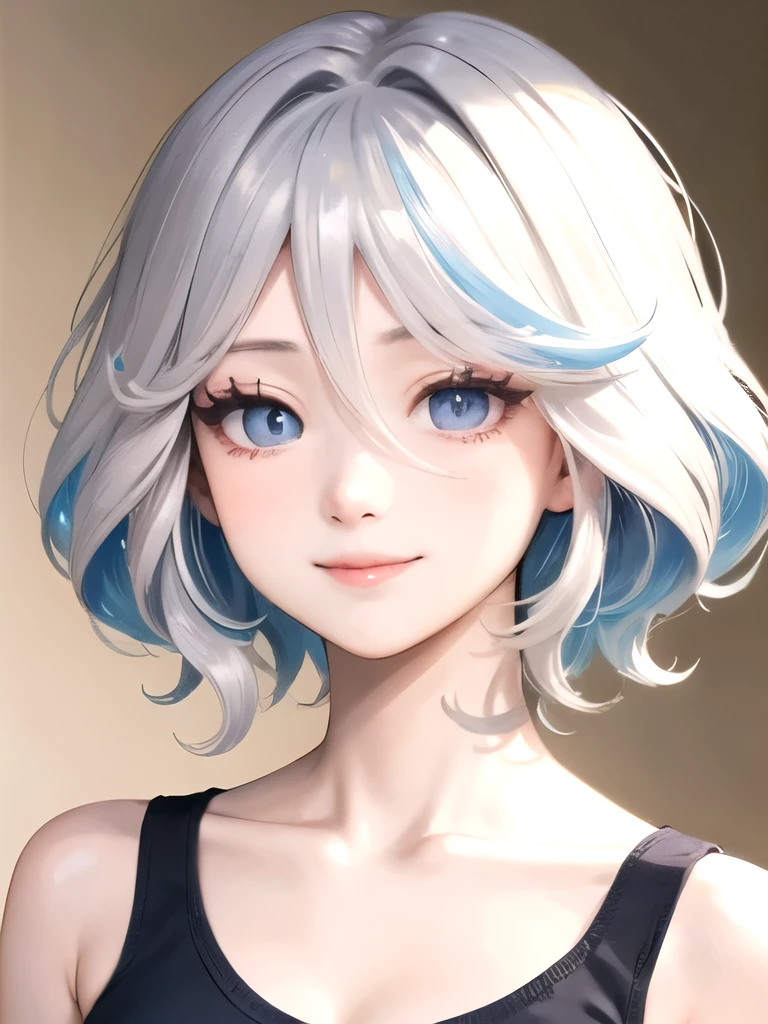 ((best quality)), ((masterpiece)), (detailed), perfect face. Asian girl. Smile. White hair. Tanktop. Flat chest. Short pants. Nipple.
