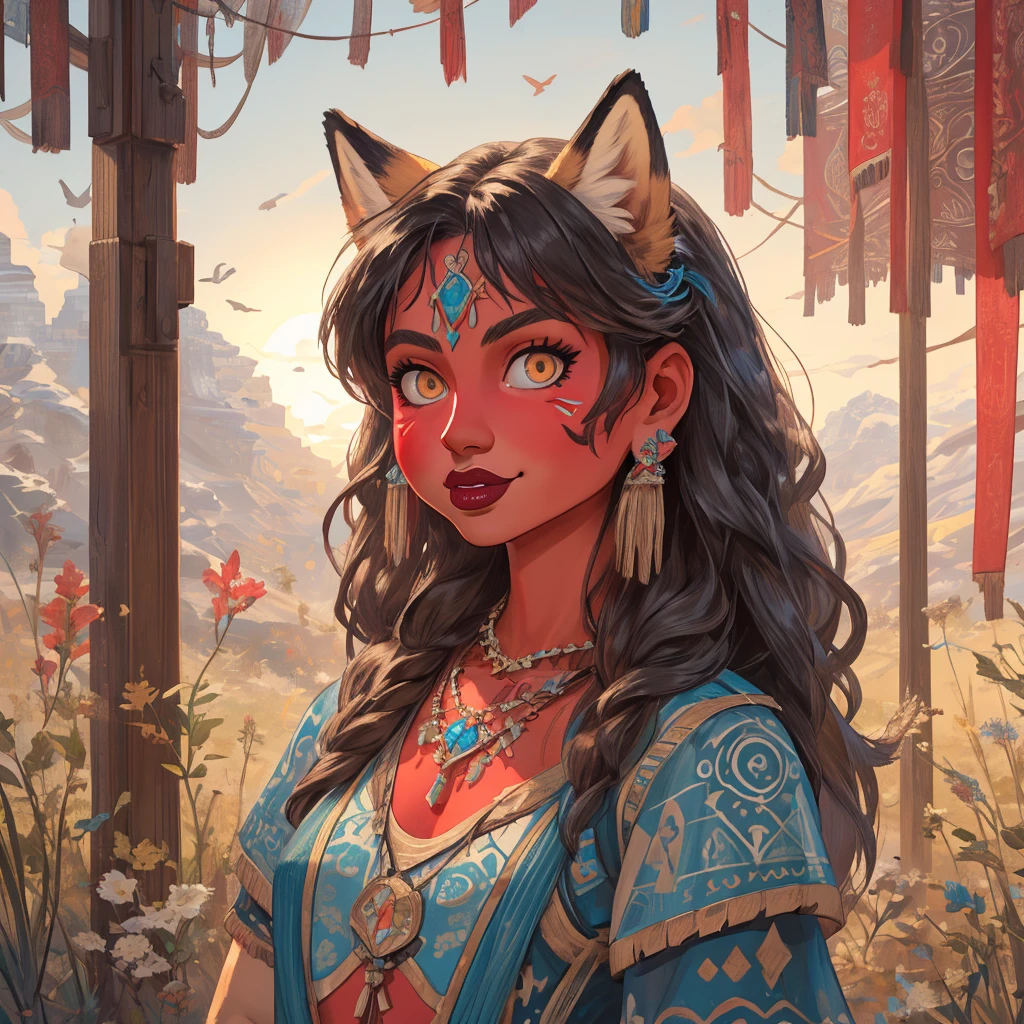 An Illustrated, Hand-Drawn, Full Color, Warm Lighting, Shadows, Graphite Shading, Stencil Marks, Airbrushed Acrylic Paint, In The Style Of Breath Of The Wild. ((Masterpiece)), ((Best Quality)), (Detailed), Luscious Lips, Image Of Anthro fox Girl, Female, Humanoid, Furry, Beauty, Cute, Adorable, red Skin Color, Hi Res, Sharp, Detailed Background, Wide Smile, Bright Eyes.
