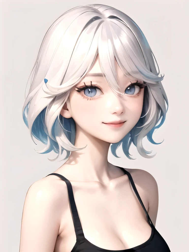 ((best quality)), ((masterpiece)), (detailed), perfect face. Asian girl. Smile. White hair. Tanktop. Flat chest. Short pants. Nipple.