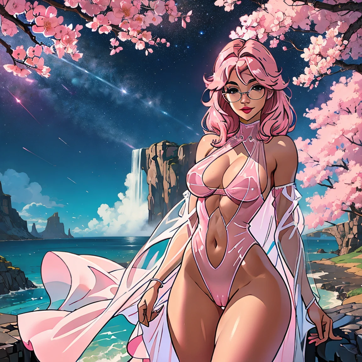 (masterpiece, best quality:1.2), ultra detailed 8k image, cowboy shot, (solo), (1girl):1.5, glasses, long fluffy pink hair, hair blowing, gorgeous body, wide hips, slight smile, ((very sexy and transparent (clear nigthdress)) with exposed navel), musculous belly, gorgeous huge breasts, ((pink breasts niples) under very transparent clear nigthdress), (cameltoe), in front a waterfall in a windy beach, view form sea to beach.