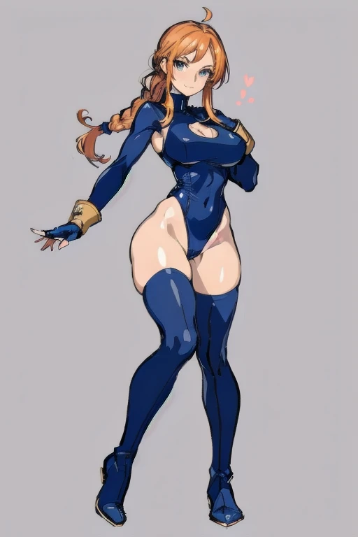 ((masterpiece)), (((best quality))), (character design sheet, same character, front, side, back), Illustration, (masterpiece), (best quality), (high res), 1lady, tall body, beautiful detailed eyes, beautiful detailed face, smiling, somber face, soft features, freckles, (perfect hands), complete fingers, perfect anatomy, perfect proportions, 26 years old, ((ginger hair, bright orange hair, curly hair, ponytail)), ((green eyes)), ((tight leotard, one piece leotard, light blue leotard, sky blue leotard, blue theme, all blue costume, light skin, cheeky leotard, bare legs, thong leotard, matching leotard, long tight sleeve, heart-shaped boob window, cleavage, tight turtle-neck collar, navy blue stockings on legs)), ((boots, matching boots, skin tight boots, tight ankle-high boots, navy blue boots)), breasts, medium breasts, perky breasts (full body portrait), solo, solo focus, standing, character sheet, multiple angles, wearing the same clothing for each angle, identical look per angle, (long sleeves, navy blue gloves), (navy blue heart symbol on chest), full body costume design. (simple background, white background: 1.3), Beautiful face、Reference Sheet,Triangular diagram, action poses, dynamic poses,
