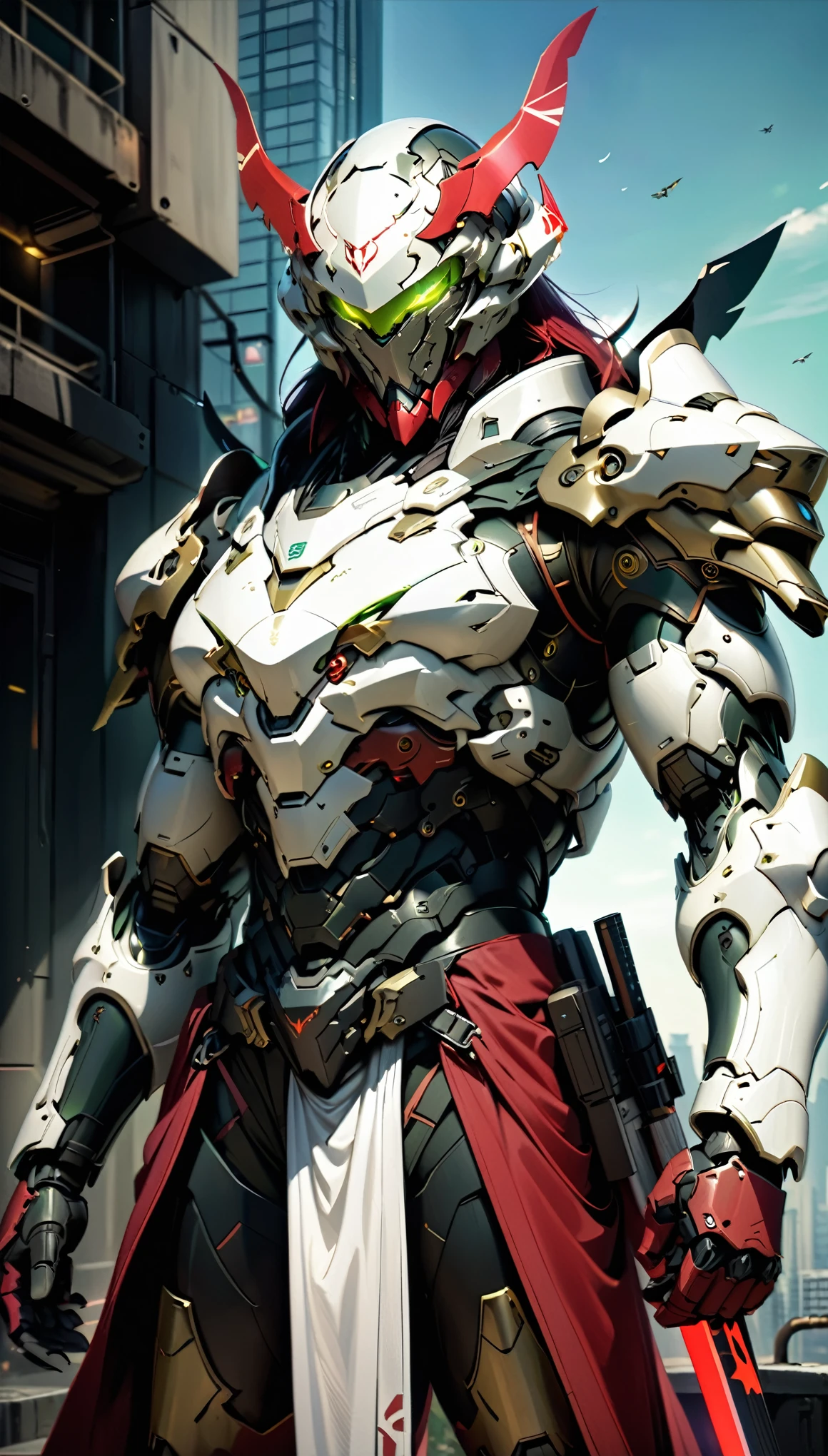 A man wearing a full-face helmet, a fantasy-style biotech armored combat suit, green eyes, (a composite layered chest armor), fully enclosed shoulder guards, matching arm and leg guards, the belt is adorned with 666 mark, (the color scheme is primarily red with yellow and white accents), the design balances heavy with agility, a high-tech bio-mecha armor, (Armor Concept Inspired by Demon, stand on the top of a skyscraper in a futuristic sci-fi city), this character embodies a finely crafted fantasy-surreal style armored hero in anime style, exquisite and mature manga art style, (battle damage, element, plasma, energy, the armor glows), ((male:1.5)), metallic, real texture material, dramatic, high definition, best quality, highres, ultra-detailed, ultra-fine painting, extremely delicate, professional, perfect body proportions, golden ratio, anatomically correct, symmetrical face, extremely detailed eyes and face, high quality eyes, creativity, RAW photo, UHD, 32k, Natural light, cinematic lighting, masterpiece-anatomy-perfect, masterpiece:1.5