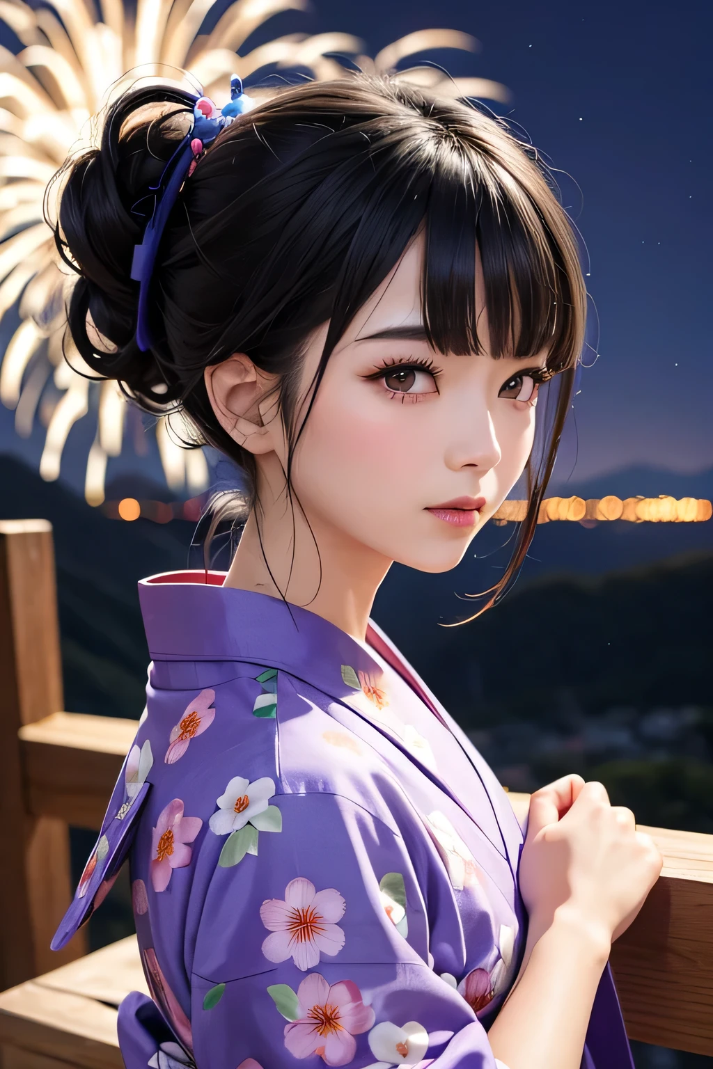 A: Black hair in a yukata　Upstyle Hairstyles　Lilac yukata　Fireworks in the mountains at night　