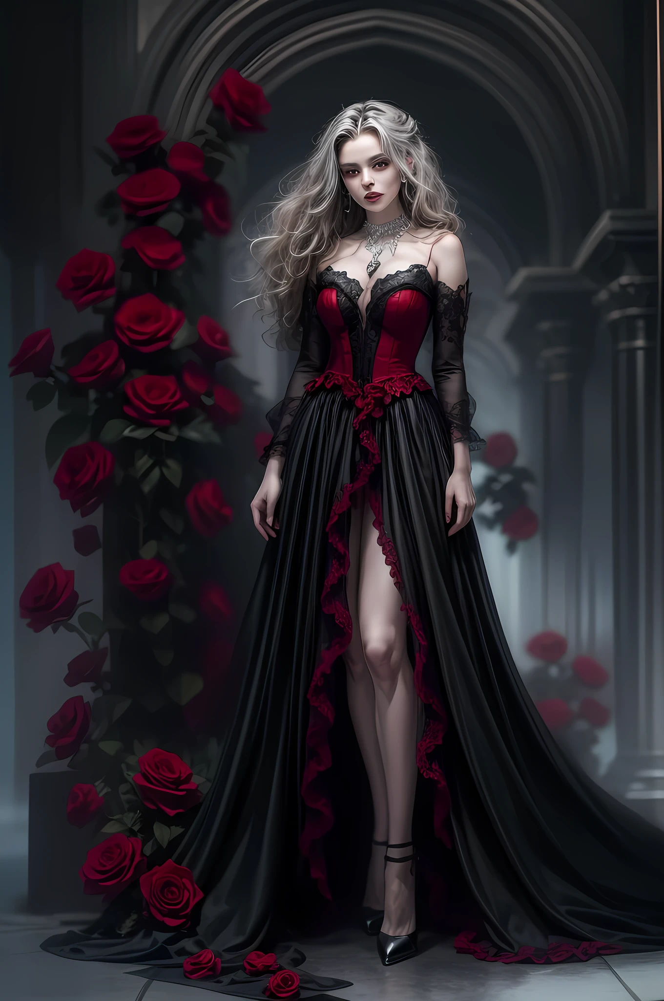 Dark fantasy art, fantasy art, goth art, a picture of a female vampire, exquisite beauty, full body shot, dark glamour shot, pale white skin, dark blond hair, long hair, wavy hair, (grey: 1.3) eyes, she wears a (red: 1.5) dress, ArmoredDress, the dress is decorated with (black: 1.5) roses, betmd, high heels, dark castle background,