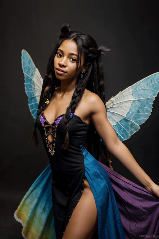Disney style fairy with open wings, black skin, long dreadlocked hair, wearing a colorful dress