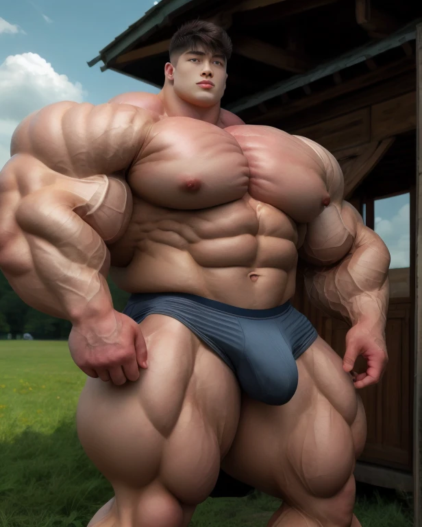 1 asian man, handsome, giant, buzz haircut, model shoot style, looking at camera, standing up, cool ambiance, outdoor, large dry meadows, strong body, bulk, wear prominent bulge triangular underwear, bulge, big, brutalmass, giant, muscular body, bulk, massive body, large meaty body size, brown skin, huge arms, ballooning meaty chests. Realistic 