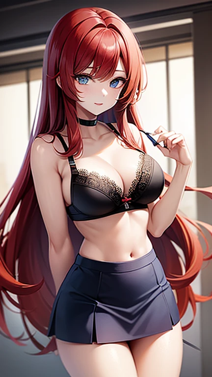 A beautiful anime girl with long red hair and striking blue eyes, wearing a short skirt and an open white shirt that reveals a black and red lace bra, 