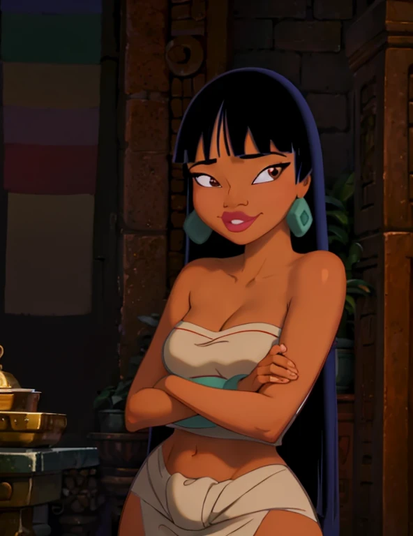 masterpiece, best quality,
1girl, chel,  black hair, long hair, blunt bangs, brown eyes, dark skin, lipstick, tube top, cleavage, bare shoulders, earrings,
smile, upper body, solo, looking at viewer, market background  