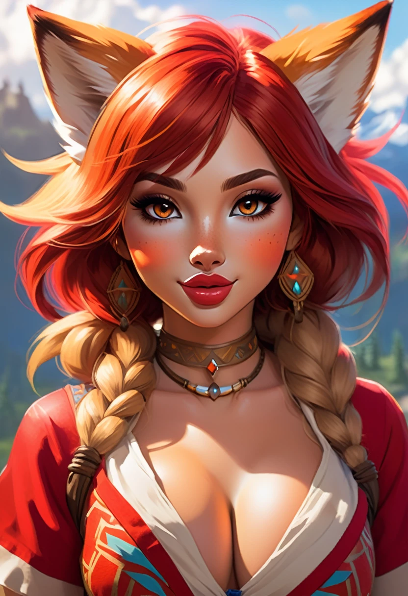 An Illustrated, Hand-Drawn, Full Color, Warm Lighting, Shadows, Graphite Shading, Stencil Marks, Airbrushed Acrylic Paint, In The Style Of Breath Of The Wild. ((Masterpiece)), ((Best Quality)), (Detailed), Luscious Lips, Image Of Anthro fox Girl, Female, Humanoid, Furry, Beauty, Cute, Adorable, red Skin Color, Hi Res, Sharp, Detailed Background, Wide Smile, Bright Eyes.