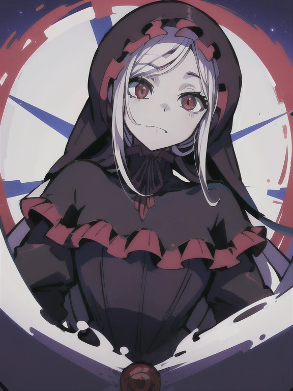 (masterpiece, best quality, ultra high quality, helltaker style:1.1), 1girl, solo, human girl, young with long hair, gray hair, straight hair, blunt bangs, hair between eyes, (covered eyes, blindfold:1.2), small breasts, flat chest, neutral, innexpressive, small smile, :<, wearing a victorian white dress, maid, victorian dress, apron, leggings, black pantyhose, upper body, standing, hands behind back, white background, simple background,