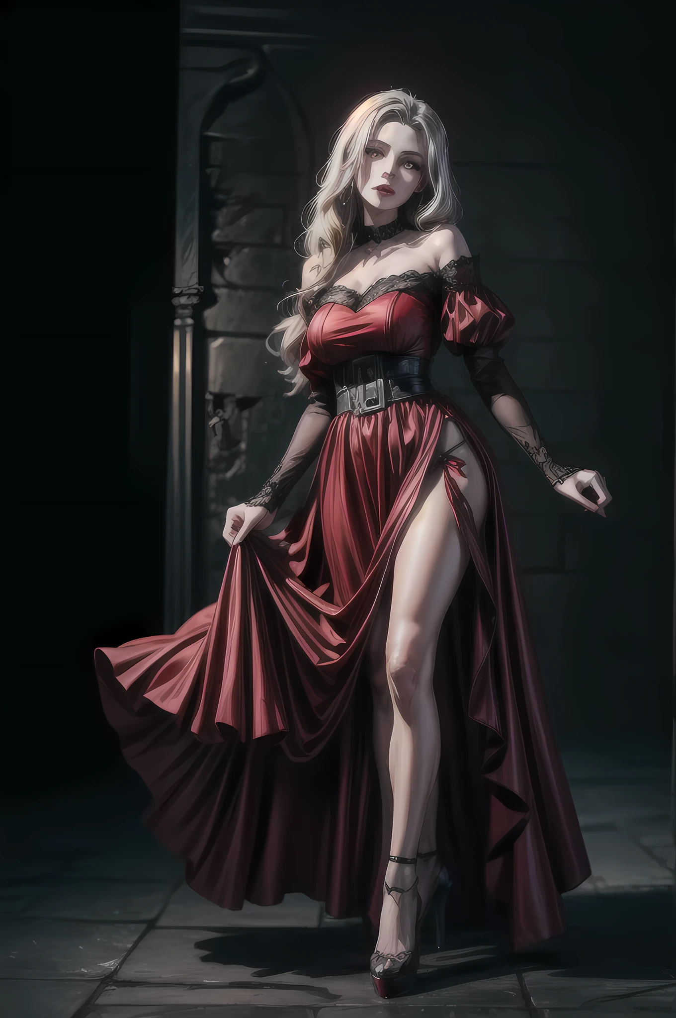 Dark fantasy art, fantasy art, goth art, a picture of a female vampire, exquisite beauty, full body shot, dark glamour shot, pale white skin, dark blond hair, long hair, wavy hair, (grey: 1.3) eyes, she wears a (red: 1.5) dress, ArmoredDress, the dress is decorated with (black: 1.5) roses, betmd, high heels, dark castle background,
 