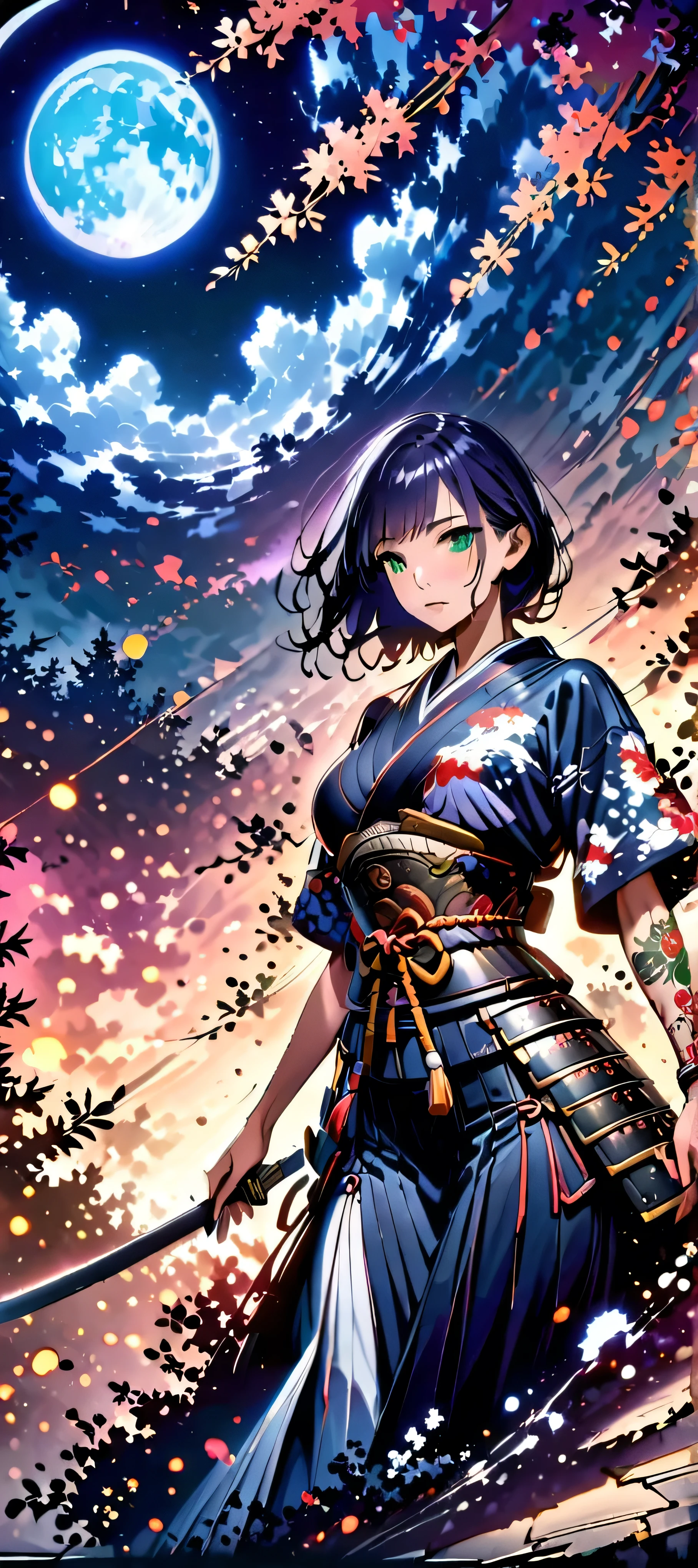 (masutepiece, of the highest quality, Best Quality, Official art, Beautiful and aesthetic:1.2), Extremely detailed,(Colorful:1.1),highest details, one arafed woman with purple hair and green eyes, japanese tattoo sleeve on her right arm, big breast, samurai armor, sfw, night, blue moon