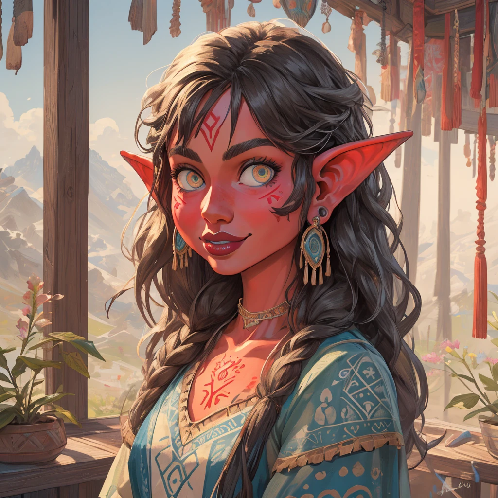 An Illustrated, Hand-Drawn, Full Color, Warm Lighting, Shadows, Graphite Shading, Stencil Marks, Airbrushed Acrylic Paint, In The Style Of Breath Of The Wild. ((Masterpiece)), ((Best Quality)), (Detailed), Luscious Lips, Image Of a goblin Girl, Female, Humanoid, Furry, Beauty, Cute, Adorable, red Skin Color, Hi Res, Sharp, Detailed Background, Wide Smile, Bright Eyes.