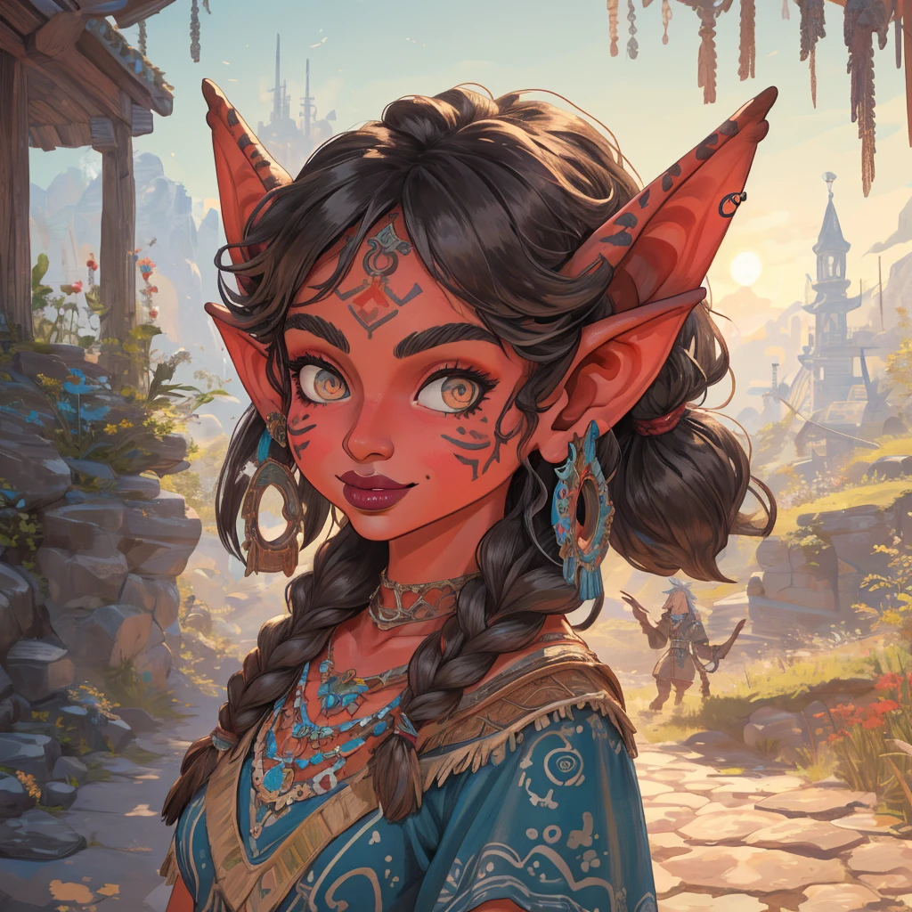 An Illustrated, Hand-Drawn, Full Color, Warm Lighting, Shadows, Graphite Shading, Stencil Marks, Airbrushed Acrylic Paint, In The Style Of Breath Of The Wild. ((Masterpiece)), ((Best Quality)), (Detailed), Luscious Lips, Image Of a goblin Girl, Female, Humanoid, Furry, Beauty, Cute, Adorable, red Skin Color, Hi Res, Sharp, Detailed Background, Wide Smile, Bright Eyes.