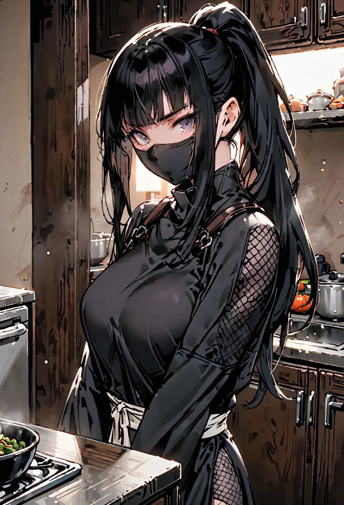 solo, female, sfw, medium shot, ninja, long hair, black hair, ponytail, ninja, large breasts, kitchen, hiding, covered face