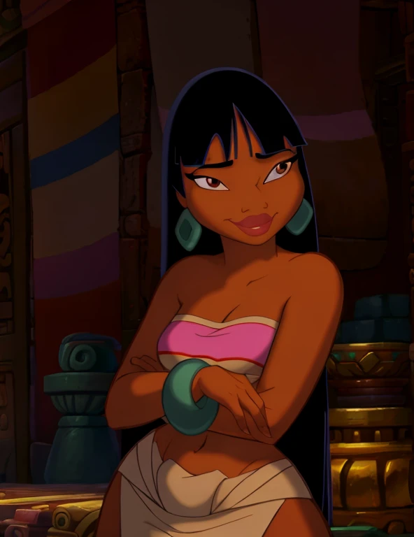 masterpiece, best quality, 1girl, chel, black hair, long hair, blunt bangs, brown eyes, dark skin, lipstick, tube top, cleavage, bare shoulders, emerald earrings, emerald bracelets, upper body, solo, looking at the camera with a smug look on her face, market background
