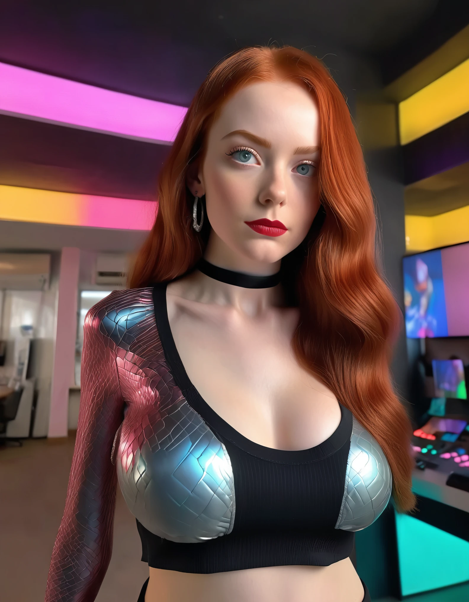 (best quality, 4k, realistic:1.37), ultra-detailed, (vibrant red:1.1) hair flowing down to her hips, (beautiful:1.1) face with (sparkling emerald:1.1) eyes, subtle makeup, and (soft pink:1.1) glossy lips. She confidently holds a (stylish pink:1.1) video game controller, perfectly manicured nails gripping it tightly. The controller is accented with (glowing LED lights) and (sleek metallic:1.1) details. The woman's attire complements the vibrant scene - she wears a (form-fitting:1.1) black jumpsuit with elegant (silver:1.1) patterns, accentuating her (hourglass figure:1.1) and revealing a bit of cleavage. The background is a futuristic setting with (holographic displays:1.1) and (bright neon lights), reflecting off her luscious red hair. The lighting highlights her features, casting dramatic (shadows:1.1) while illuminating her face and the controller, creating an atmospheric and captivating scene.