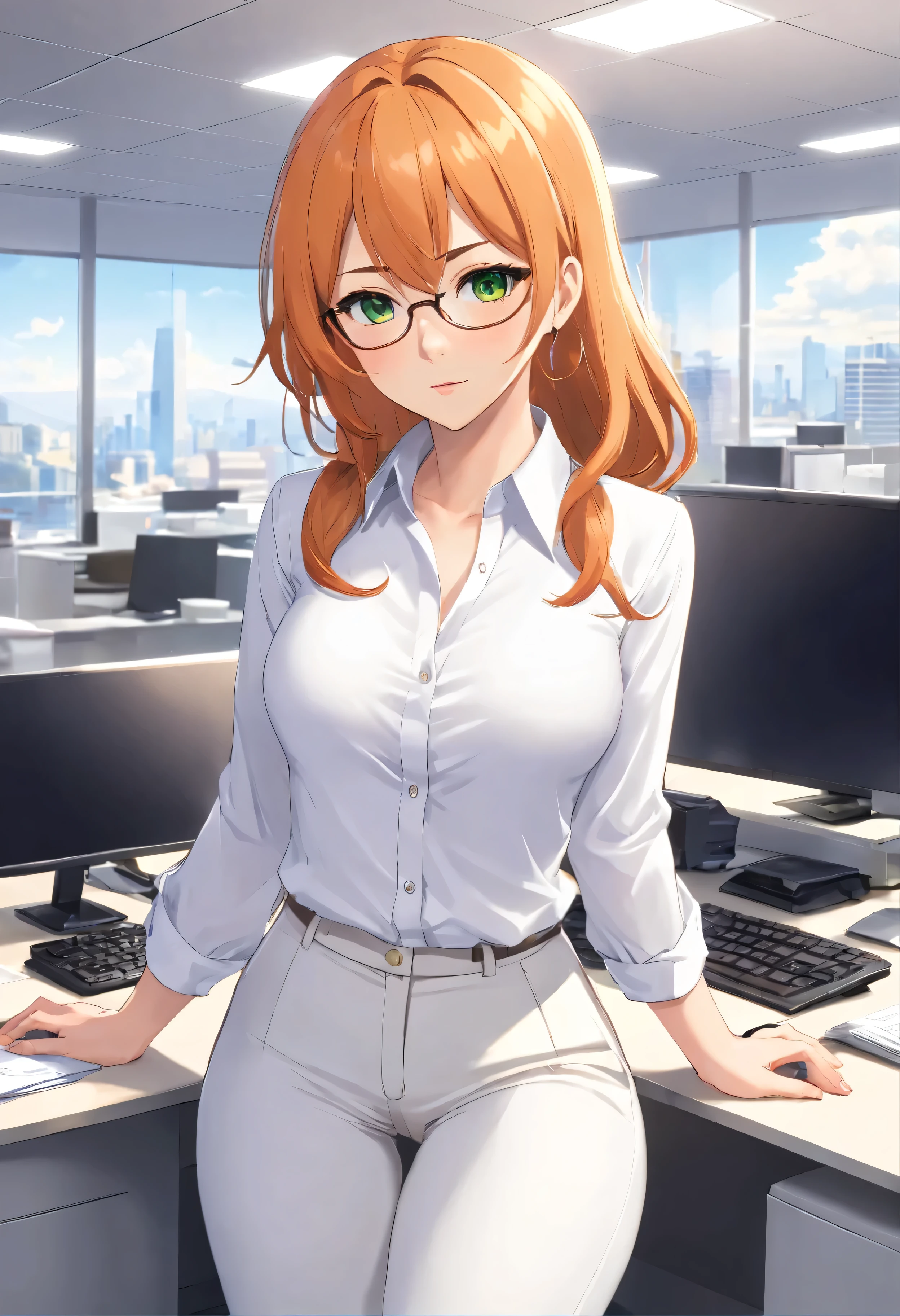 (masterpiece, Best quality), 8K, ultra detailed, realistic photo, Detailed face, perfect lighting, green eyes, bright orange hair, bright hair, fox ears, nice legs, side photo, beautiful, Cute, skin pores, 1 girl, stand in the office, hiking, Office pants, perfect shirt, fully dressed, beautiful women 30 years old, Beautiful proportions, Russian woman, Caucasian, European, Business lady, stunningly beautiful woman, mother, thick legs, show ass, big breasts, (Thin white shirt:1.4), thick, hot, (White Office Wear:1.4), tight pants, (wide hips:1.2), thick, (white Office pants:1.3), spread your legs, Legs open, full length, wide hips, Glasses