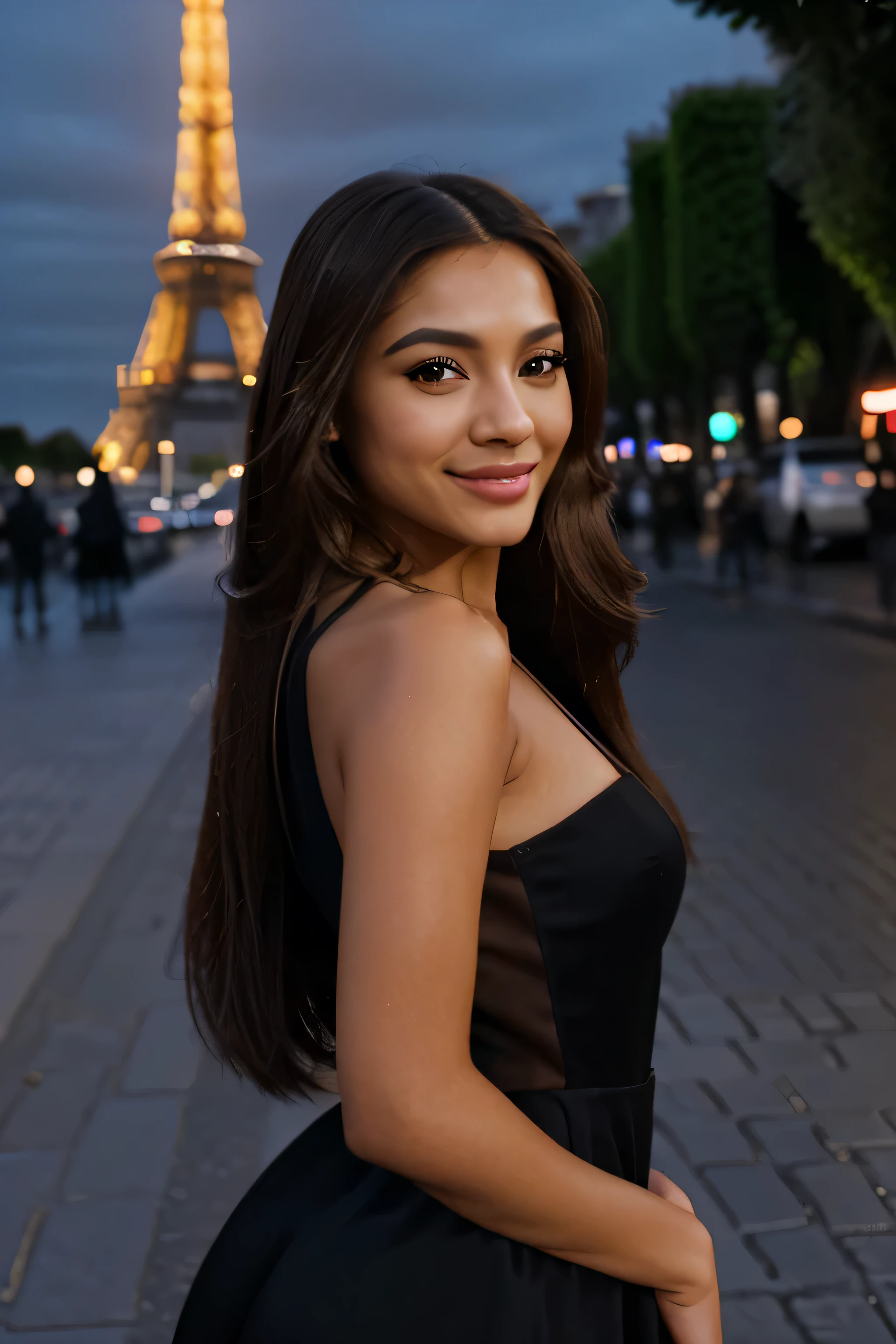Linda garota fotorrealista, plano amplo, rosto detalhado, Pele clara, Latina olhando, Cabelo longo e liso, sorriso, olhos castanhos, maquiagem perfeita, nas ruas de Paris, Torre Eiffel iluminada ao fundo, vestido preto pequeno, fundo desfocado, Night time, profundidade de campo, Lindo gradiente de sombra, perfect hands