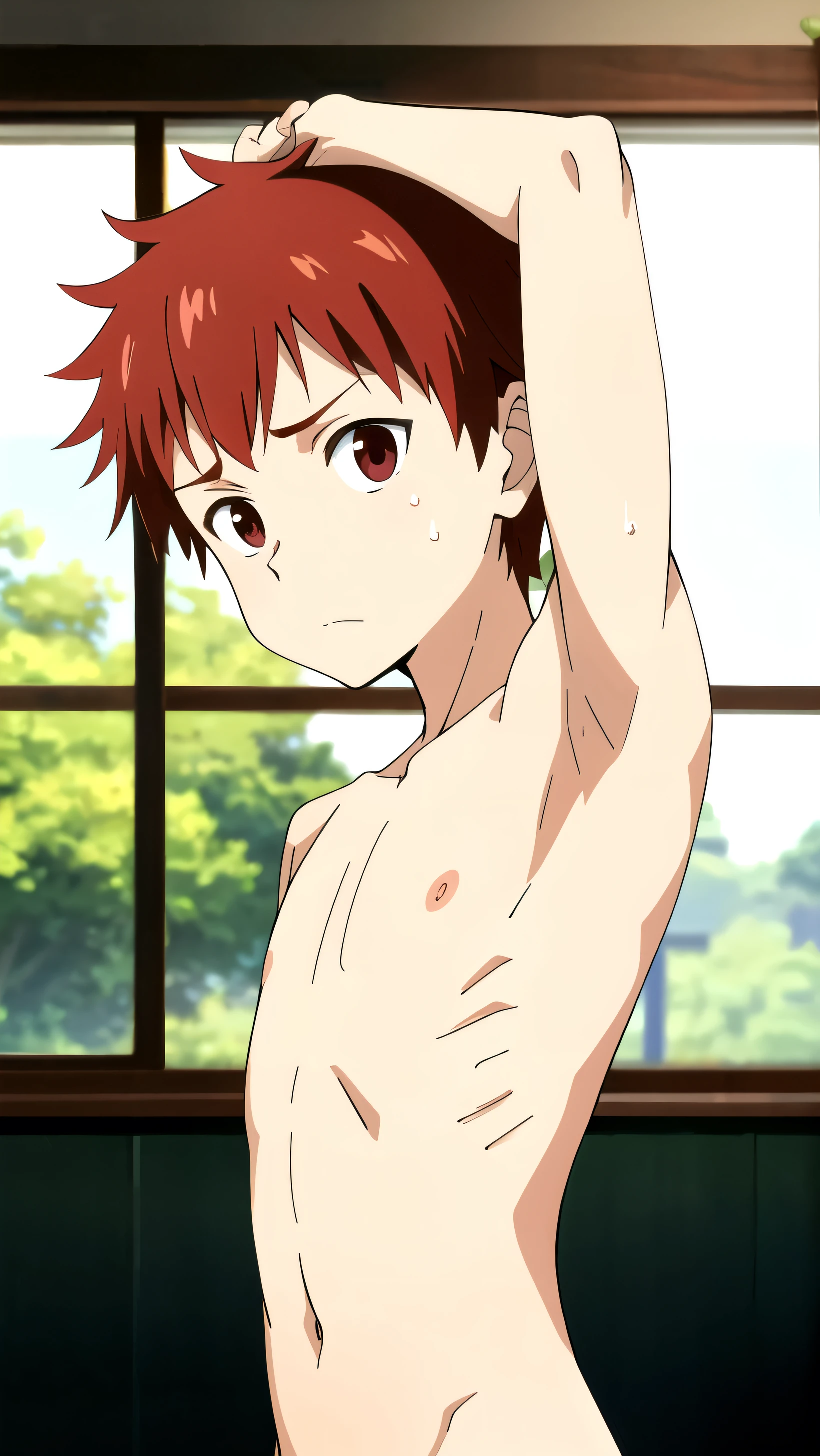 Highres, Masterpiece, Best quality at best,Best Quality,hight quality, hight detailed, Anime style, 1boy, Shota, Young boy, Solo person, red hair, Straight hair, Shirtless, Upper body, Seen from the front, looking at viewer, (Very young boy), (very small and short body), -yeld bo (Showing armpit:1.3), Cute boy, Uhd, bokeh, Simpele beckground, 8k, wallpaper, best quality, beautiful lighting, intricate details, masterpiece, detailed, hyper detailed, best quality, ultra high res, high resolution, detailed, raw photo, detailed face, detailed eyes